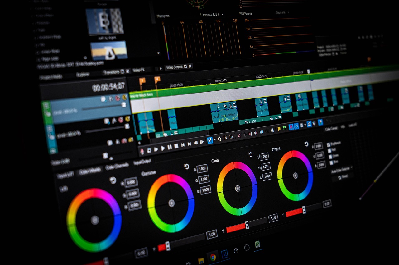 Video editor scrubbing an AI generated film timeline on a large monitor in a dark room