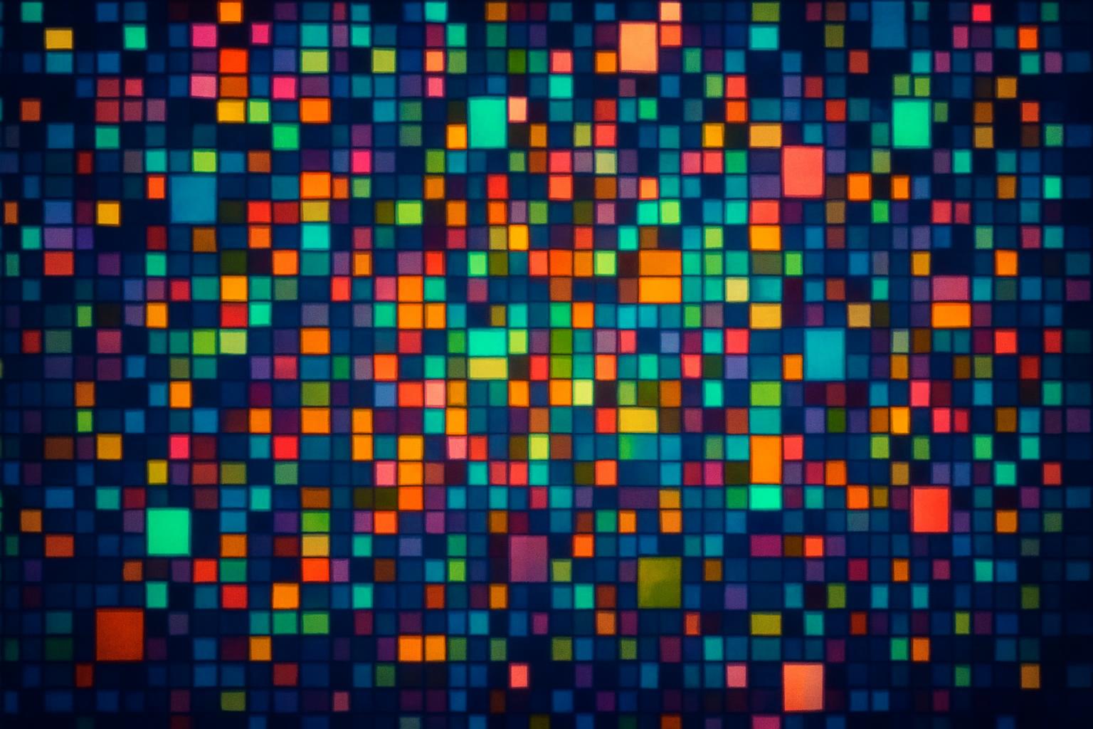 Abstract mosaic of colorful glowing squares representing generative image creation